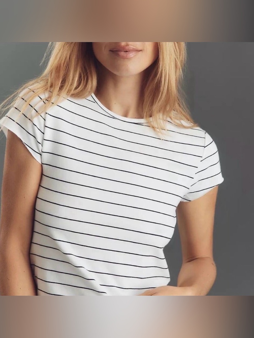 New NWT By Anthropologie Evan Short-Sleeve Raw-Edge Baby Tee striped shirt med
